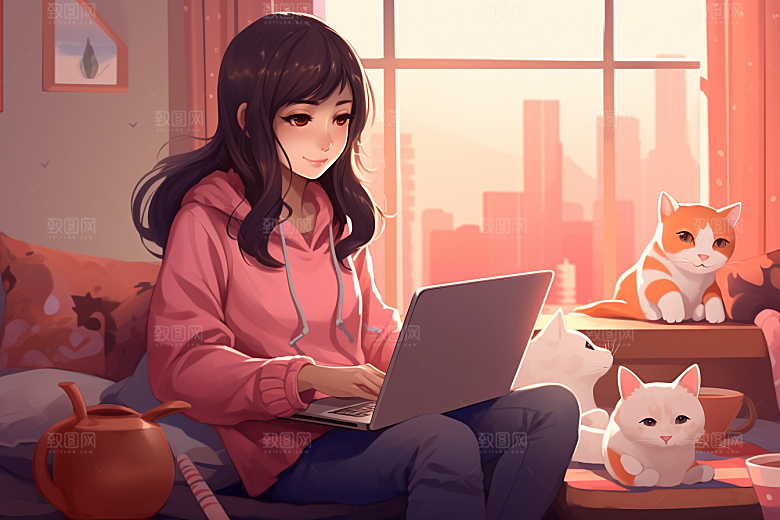 猫咪和少女卡通宠物素材