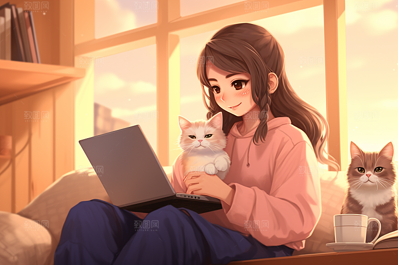猫咪和少女卡通漫画风素材