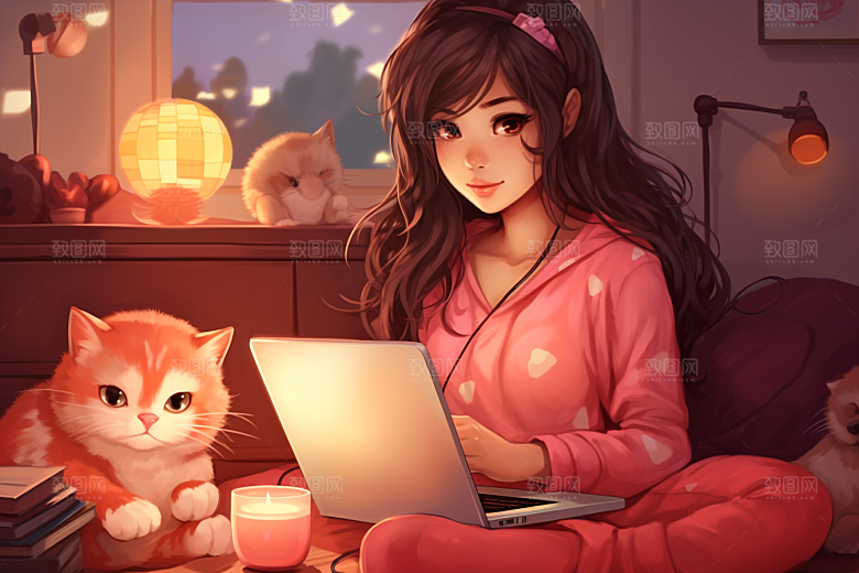 猫咪和少女插画自然素材