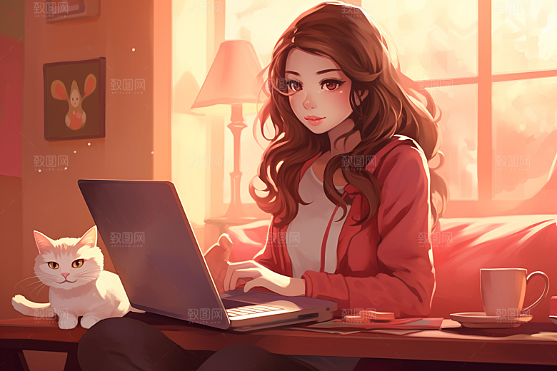 猫咪和少女插画清新素材