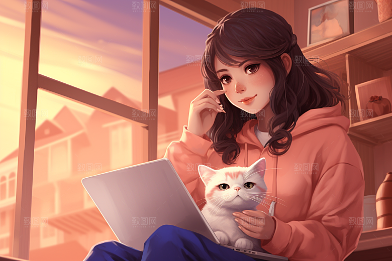 猫咪和少女家居卡通素材