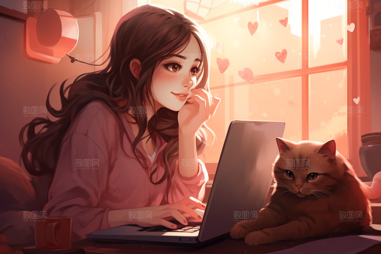 猫咪和少女卡通生活素材