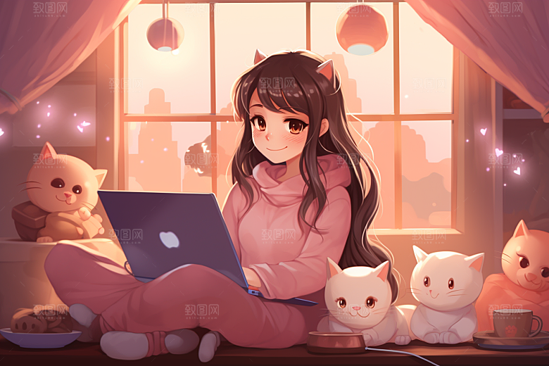 猫咪和少女可爱清新素材