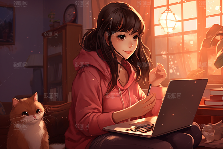 猫咪和少女家居清新素材
