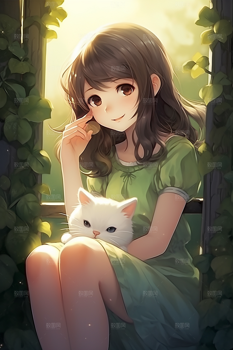 猫咪和少女自然插画素材