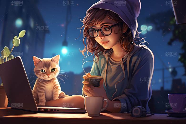猫咪和少女自然卡通素材
