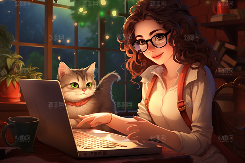 猫咪和少女萌宠插画素材