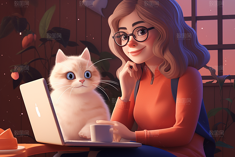 猫咪和少女家居自然素材