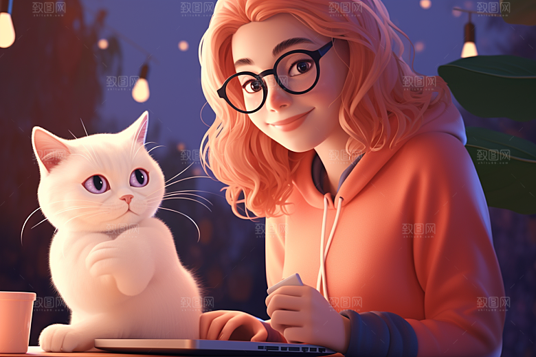 猫咪和少女可爱卡通素材
