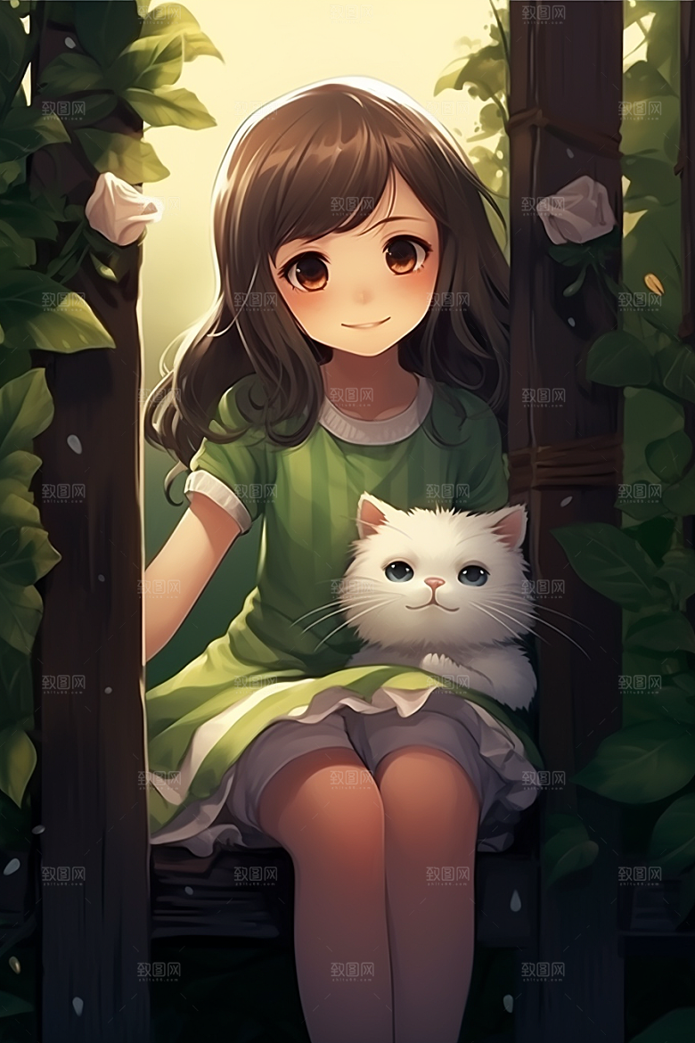 猫咪和少女小猫卡通素材