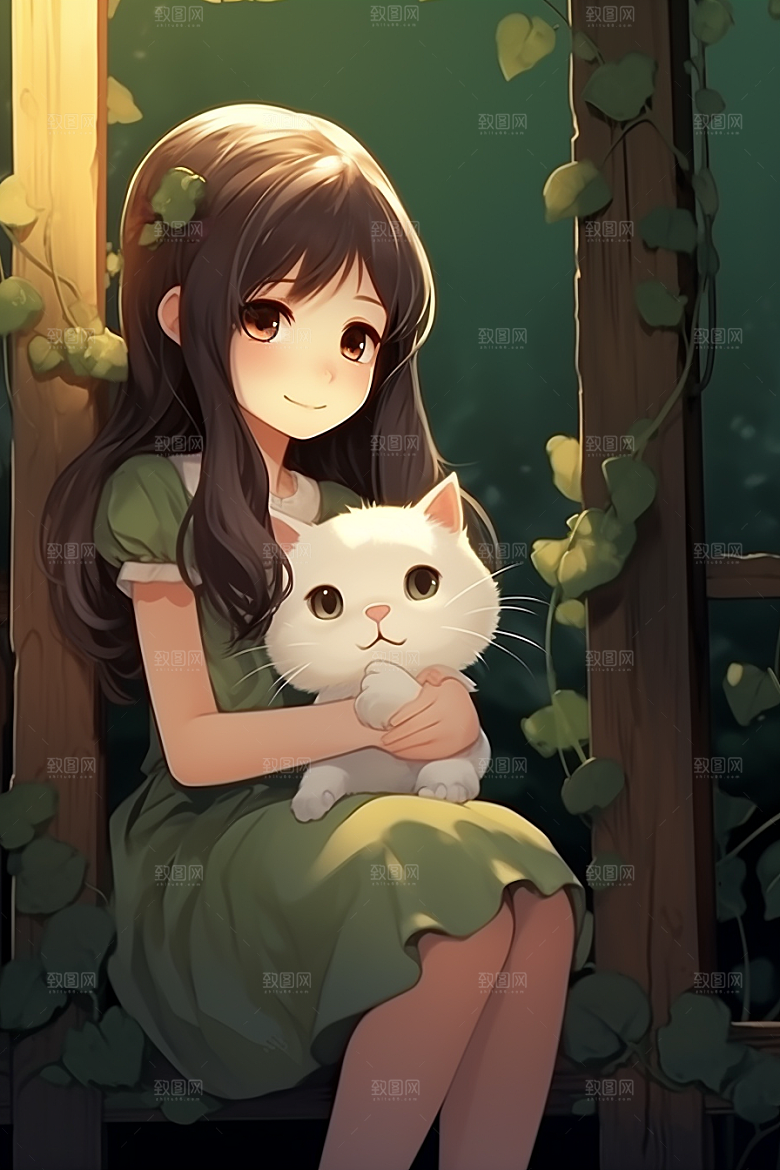 猫咪和少女萌宠生活素材