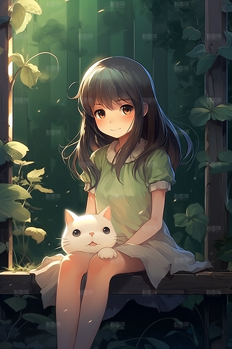 猫咪和少女卡通家居素材