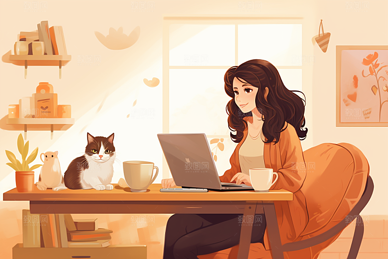 猫咪和少女家居自然素材
