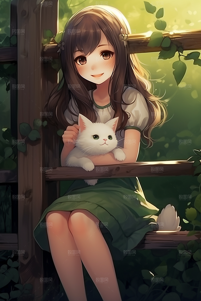 猫咪和少女清新萌宠素材