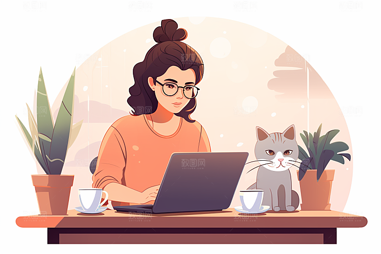猫咪和少女可爱宠物素材