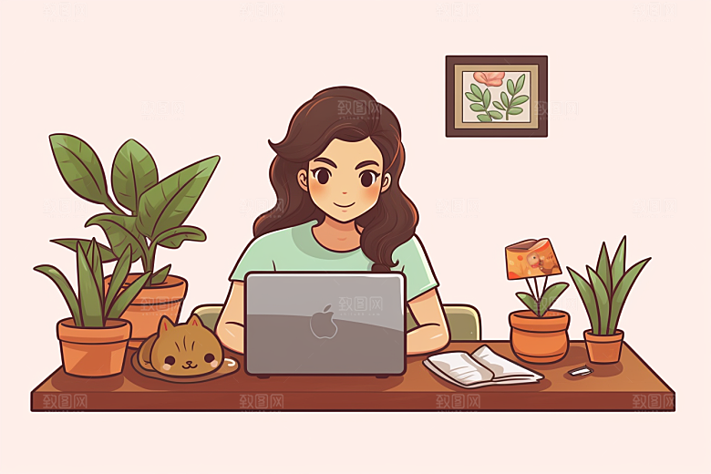 猫咪和少女萌宠插画素材