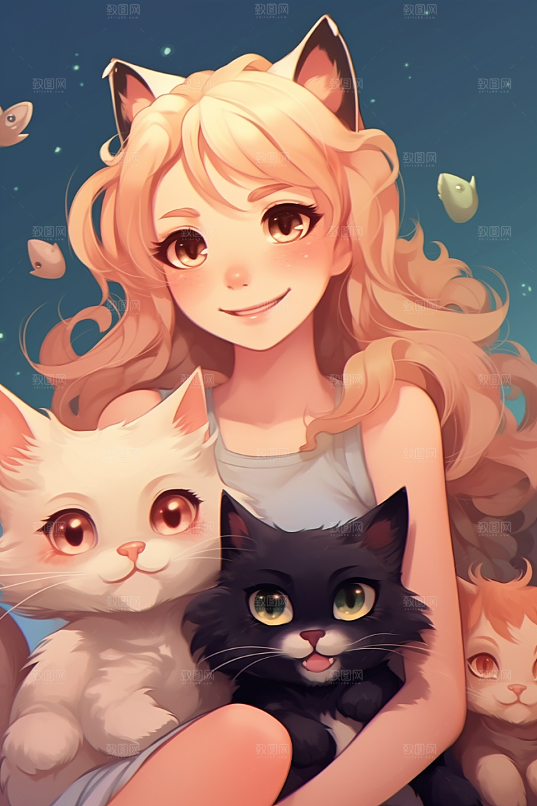 猫咪和少女清新卡通素材