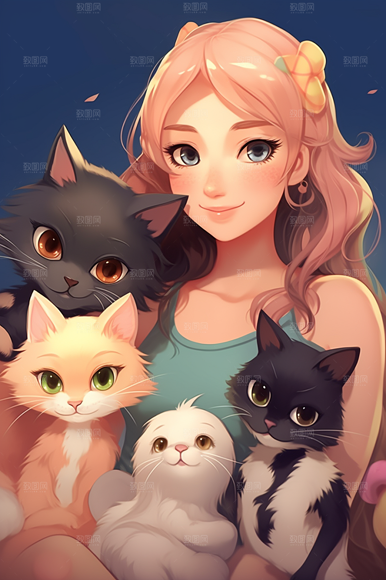 猫咪和少女自然卡通素材