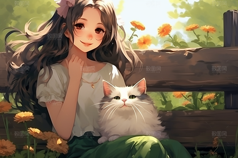 猫咪和少女插画漫画风素材