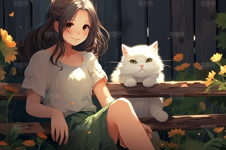 猫咪和少女可爱自然素材