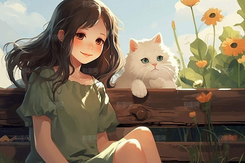 猫咪和少女插画生活素材