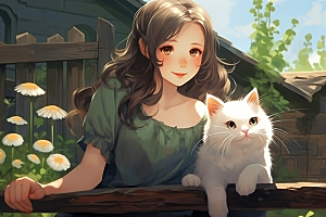 猫咪和少女卡通宠物素材