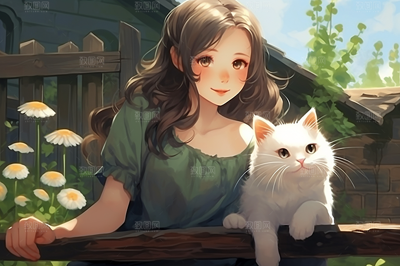 猫咪和少女卡通宠物素材