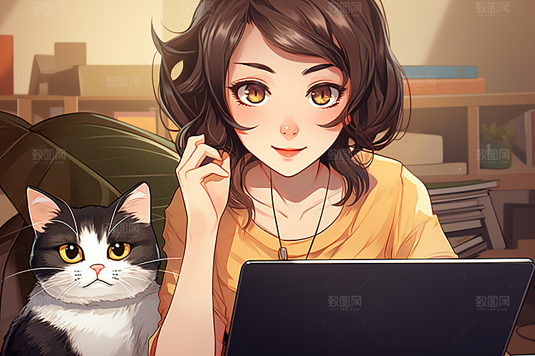 猫咪和少女自然家居素材