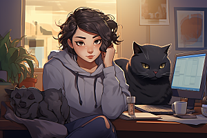 猫咪和少女可爱插画素材