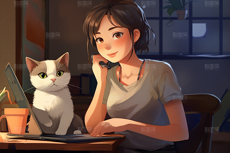 猫咪和少女清新小猫素材