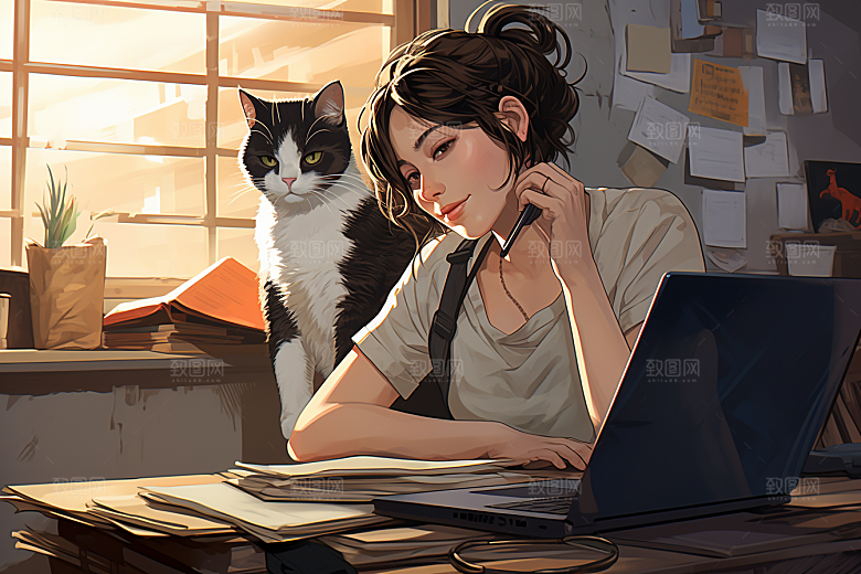 猫咪和少女生活插画素材