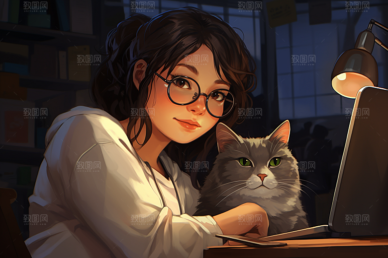 猫咪和少女小猫清新素材