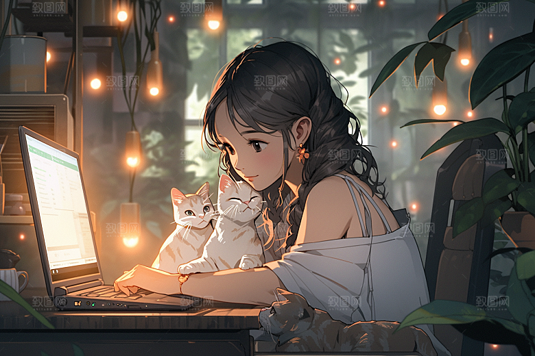猫咪和少女生活可爱素材