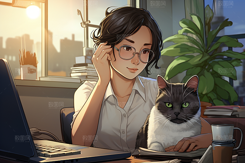 猫咪和少女漫画风插画素材