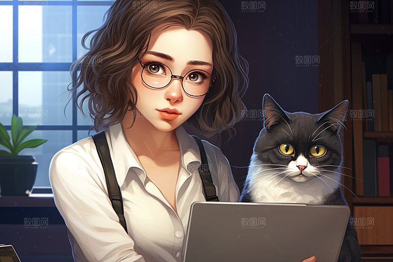 猫咪和少女可爱家居素材
