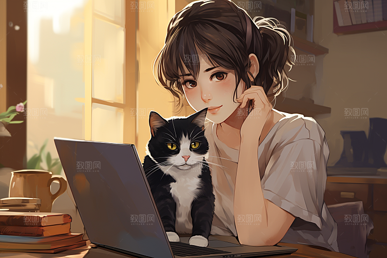 猫咪和少女生活插画素材