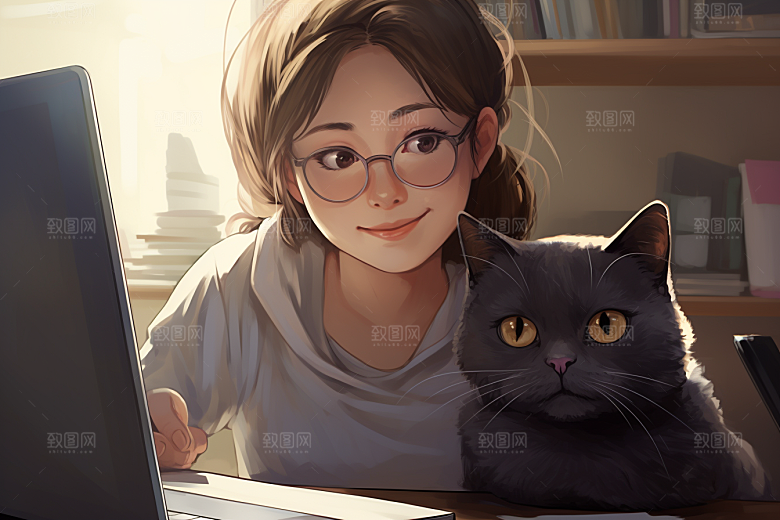 猫咪和少女萌宠可爱素材
