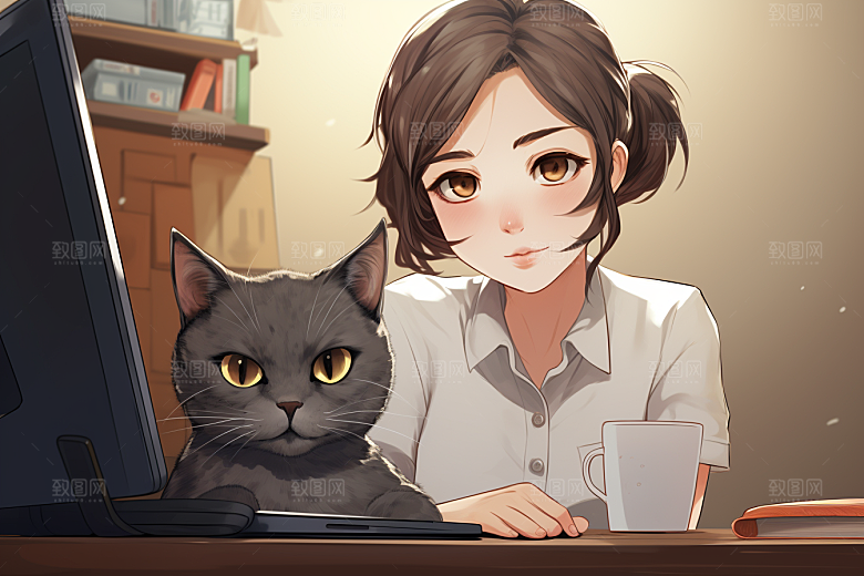 猫咪和少女宠物小猫素材