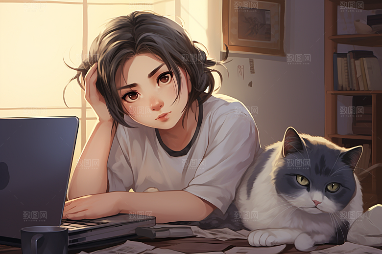 猫咪和少女家居萌宠素材