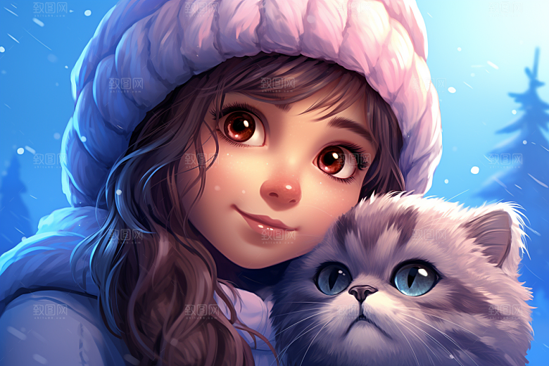 猫咪和少女插画宠物素材
