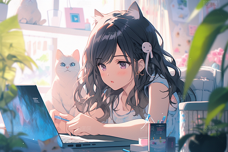 猫咪和少女自然生活素材