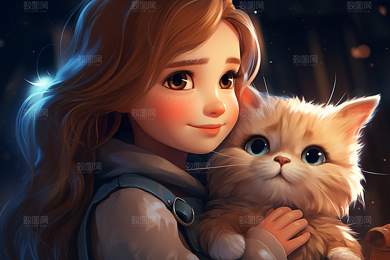猫咪和少女插画自然素材