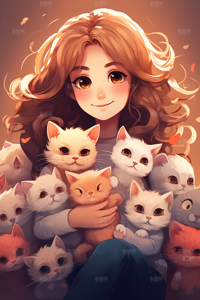 猫咪和少女插画萌宠素材