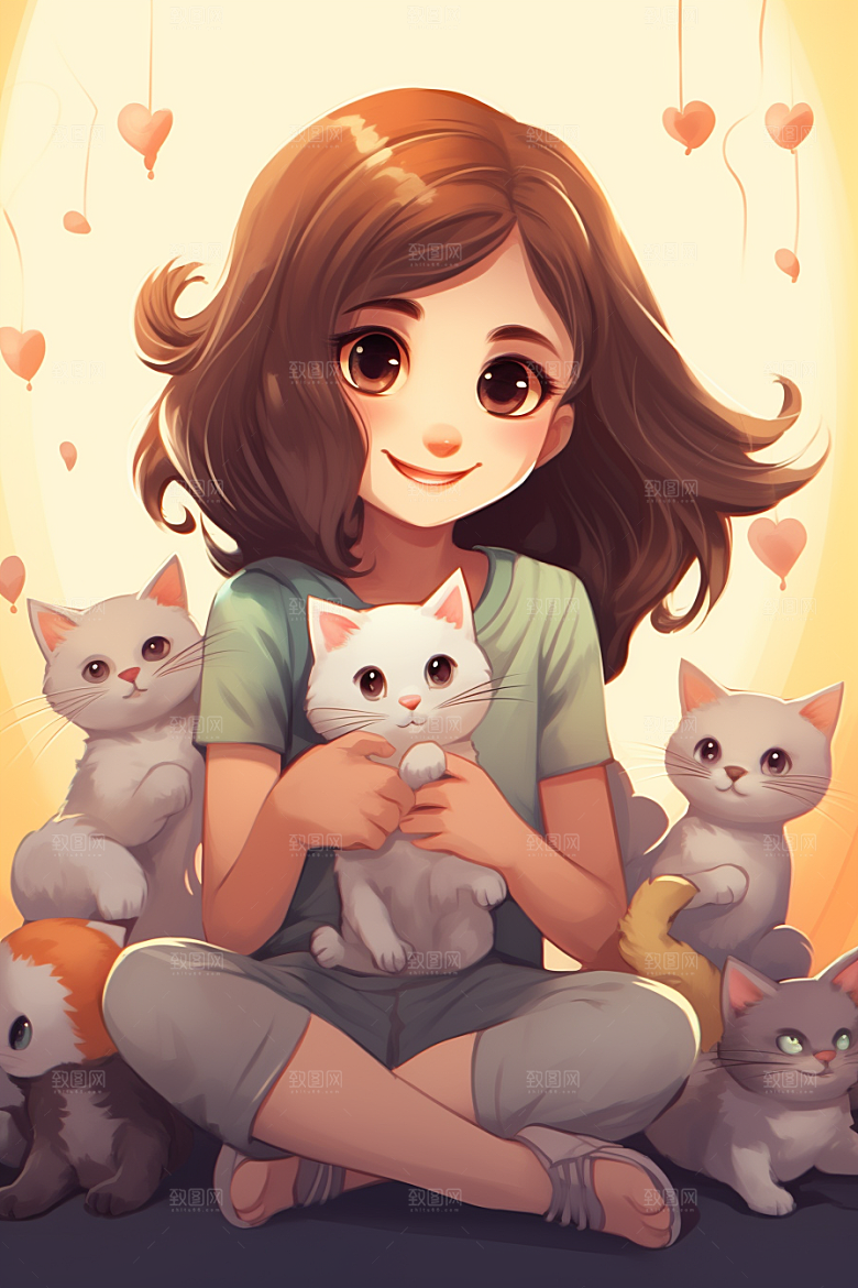 猫咪和少女自然可爱素材