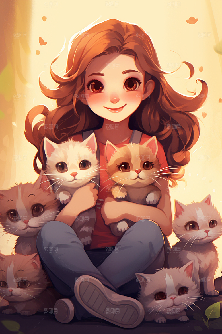 猫咪和少女生活插画素材