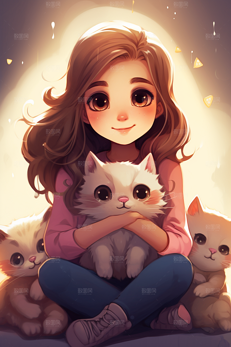 猫咪和少女卡通小猫素材