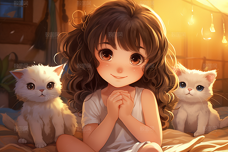 猫咪和少女漫画风自然素材