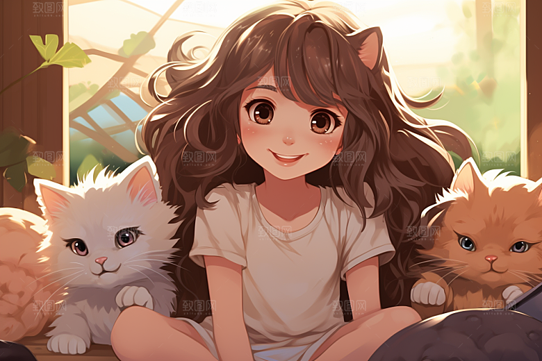 猫咪和少女宠物插画素材
