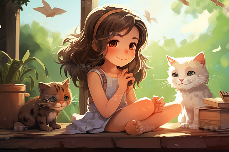 猫咪和少女萌宠卡通素材