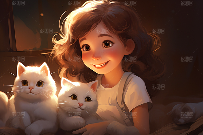 猫咪和少女宠物漫画风素材